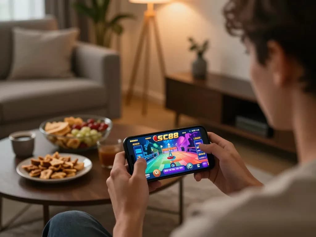 Play engaging SC88 game on mobile phone in a cozy home setup with snacks and stylish decor