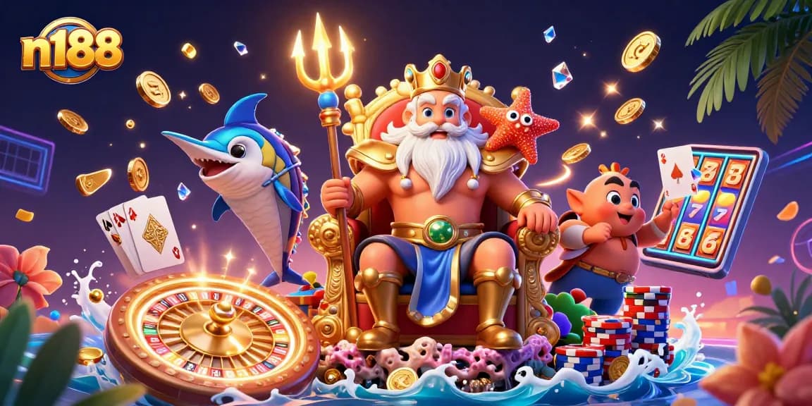 Experience the thrill of n188 with Neptune and a samurai in a vibrant casino scene.