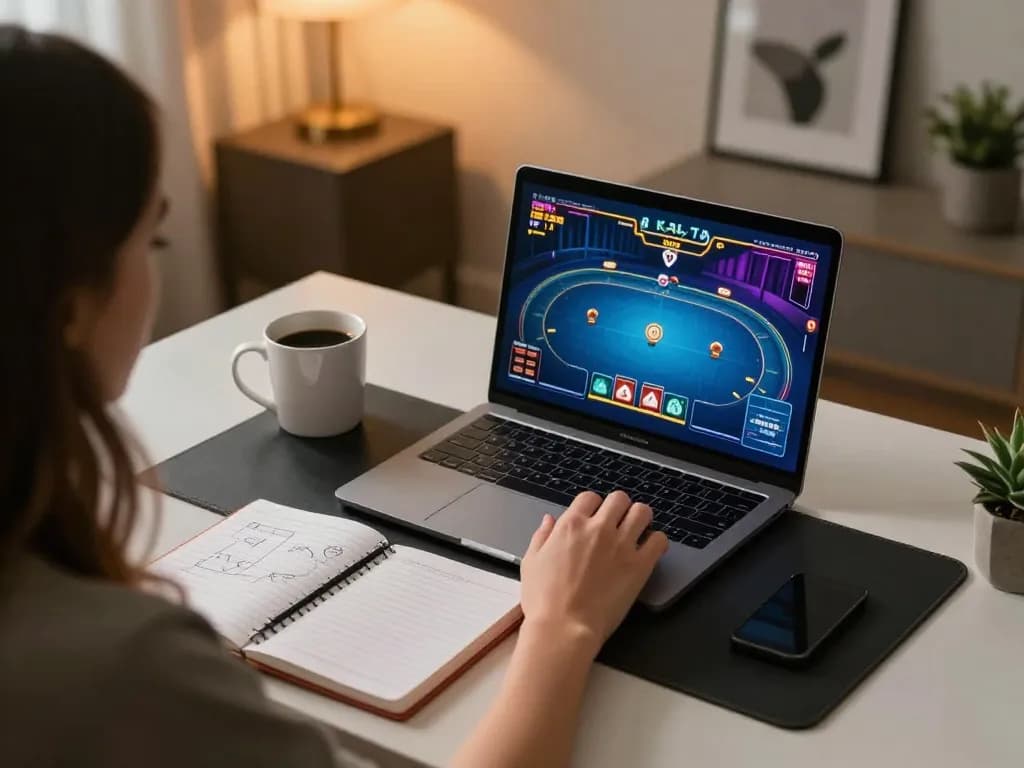 Engaging in online poker on a laptop at home while using o8net3 for gaming strategies.