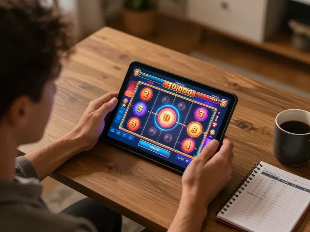 Engaged player enjoying slot deposit 10000 gameplay on tablet in cozy home office environment.