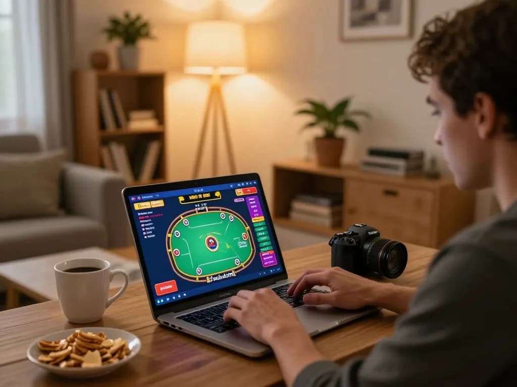 Engaged player at home using laptop for online gambling at https://789win2.us.com/, enjoying a poker game experience.