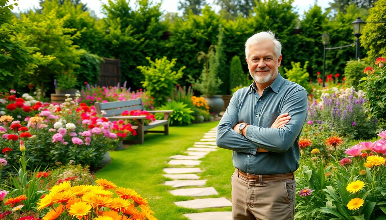 Gartenbauer plantet blühenden Garten mit bunten Pflanzen und sorgfältigem Design.