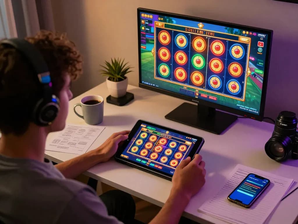 Person enjoying F168 online slots on tablet in cozy home setting with betting strategy notes