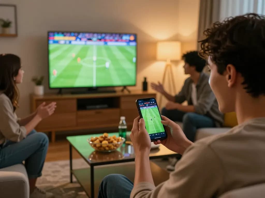 Engaging sports betting scene showing a person placing a bet on football while watching a match, promoting excitement in gambling.