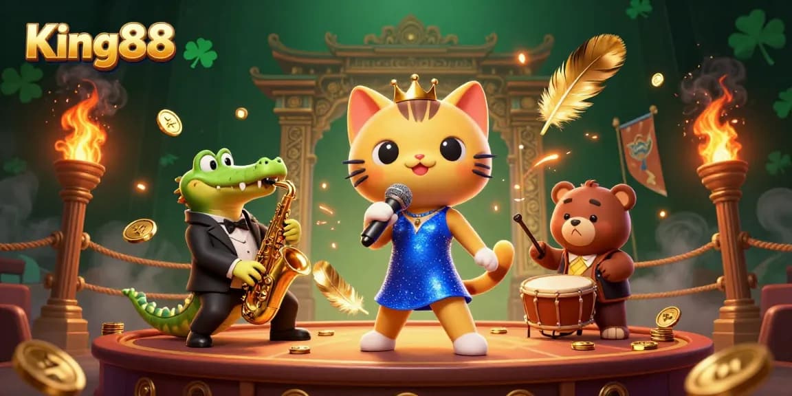 King88 showcases a vibrant casino scene with a jazz-singer cat, a saxophone crocodile, and a drum-playing bear, celebrating gaming.