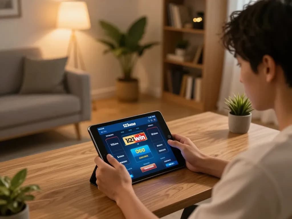 Engaging with 123win net on a tablet for a seamless online gaming experience in a cozy home.