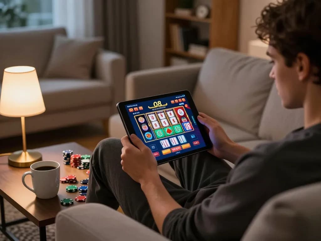 Engaged player enjoying O8 online casino on tablet at home, showcasing vibrant gaming interface.