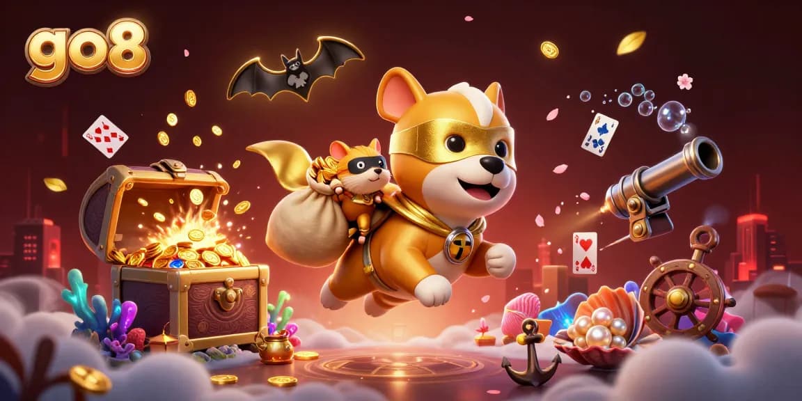 Experience go8's thrilling gaming adventure with a superhero dog and hamster in a vibrant, detailed casino-themed illustration.