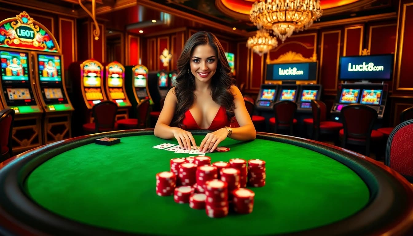 A captivating poker scene at luck8.com showcasing a dealer with vibrant poker chips and cards, exuding luxury and excitement.
