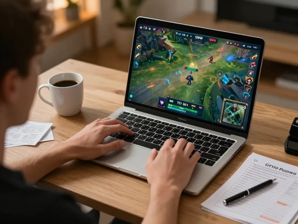 Experience GVUI Thomo live betting on a laptop with strategic notes and gaming setup.