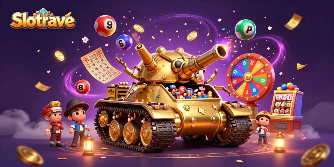Experience Slotrave's thrilling atmosphere with a vibrant 3D casino scene filled with action.