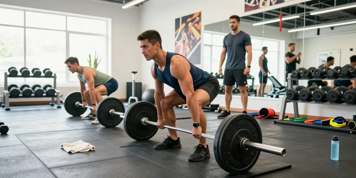 Anabolika Shop - Bodybuilder beim Krafttraining im Fitnessstudio, umrahmt von Sportausrüstung und Freunden.