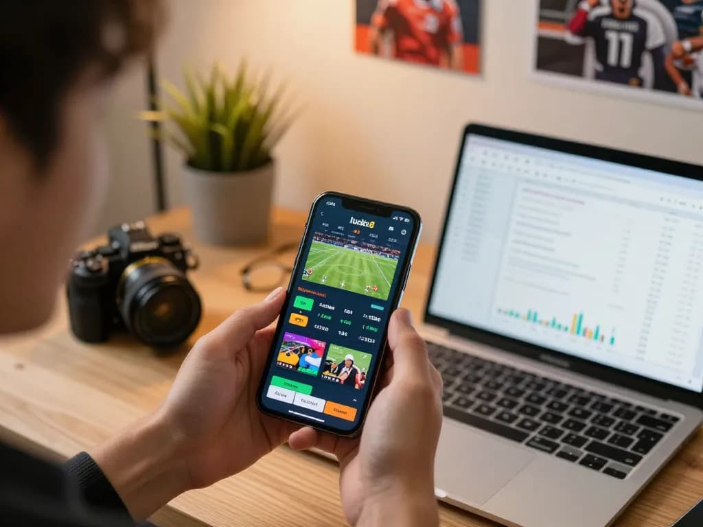 Placing bets on the lucks8 app during an exciting sports event in a modern home office.
