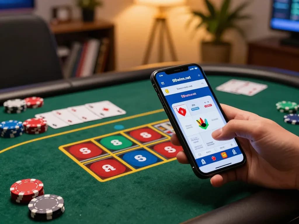 Engaging gaming setup showcasing the poker interface of https://98winn.net/ on a smartphone, emphasizing strategic play.