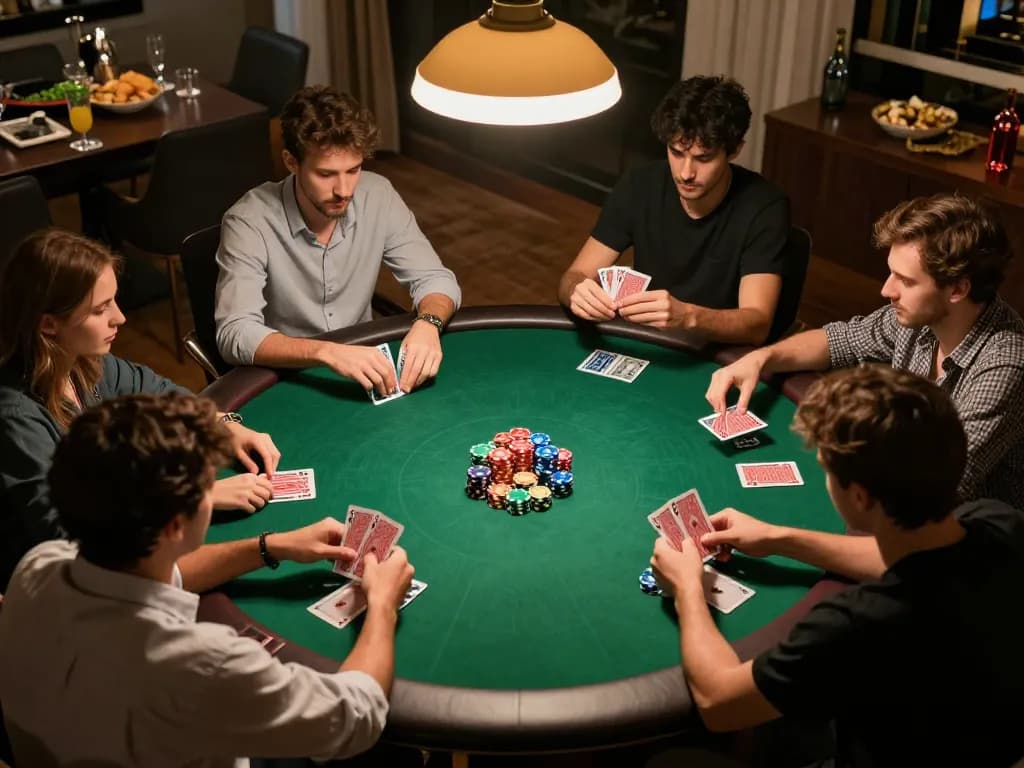 VIN88 players strategizing around a green felt poker table during a friendly home game night.
