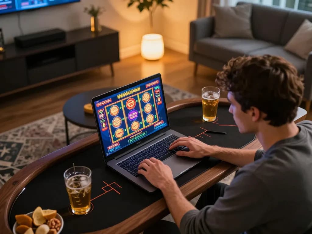 Player enjoying online gaming on alo8net with slots showing colorful interface in a cozy environment.