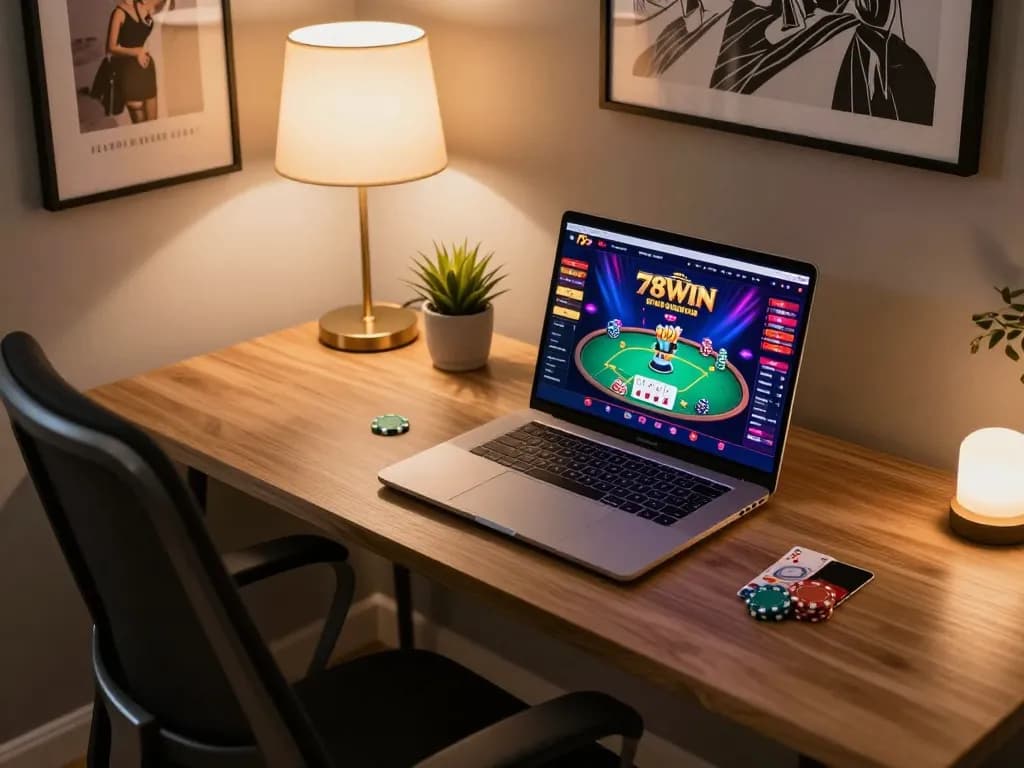 Engaged player using 78win online casino on a modern laptop with vibrant graphics and gameplay.