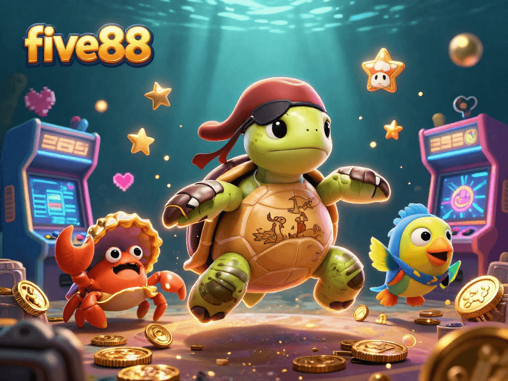 Engage with five88's exciting treasure hunt underwater featuring vibrant characters and casino game elements.
