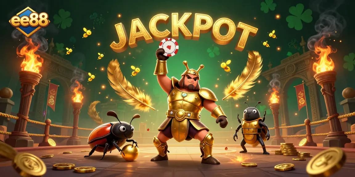 Join the thrilling action at ee88, where a victorious beetle lifts a poker chip amidst a vibrant gambling arena.