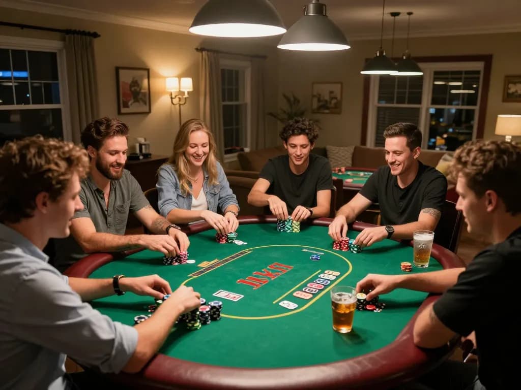 Engaged players enjoying a poker game on Trang Chủ 88GO in a lively home environment with festive lighting.