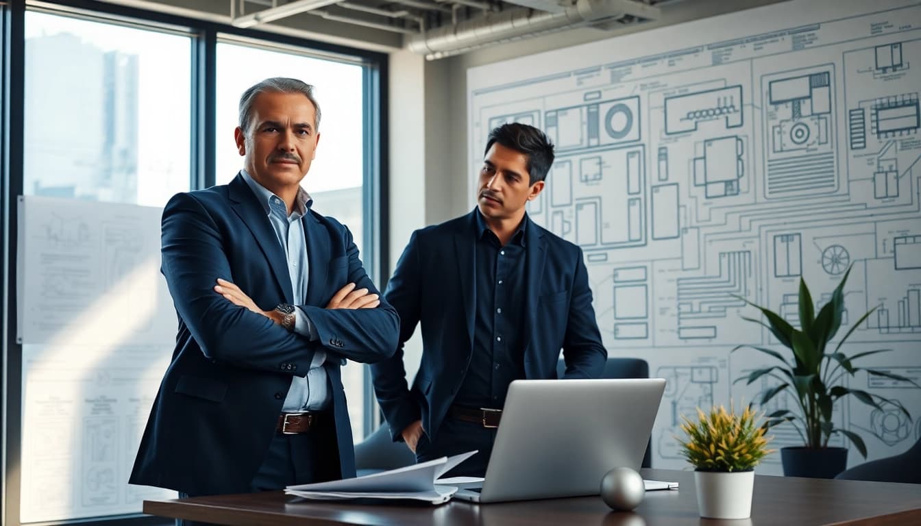 Headhunter Ingenieure in einem modernen Büro, der mit einem Ingenieur diskutiert.