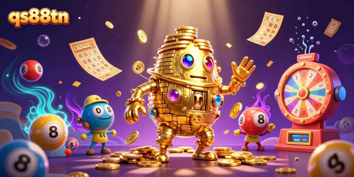 Experience massive wins with qs88tn's vibrant slot games and lottery draws in this dynamic illustration.