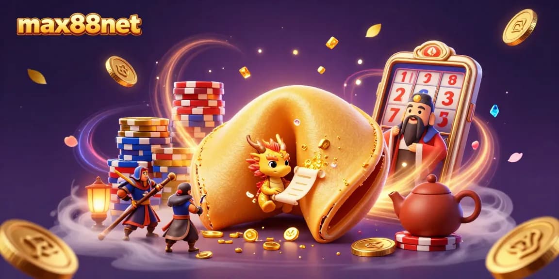 Winning at max88net with a giant fortune cookie, wise dragon, and golden treasures illustrated in vibrant 3D.