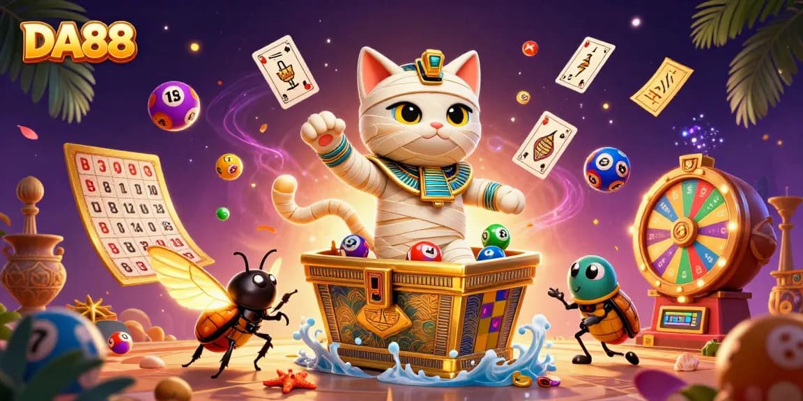 Win big at DA88 with a vibrant scene of an Egyptian mummy cat and lucky symbols in a pyramid casino.