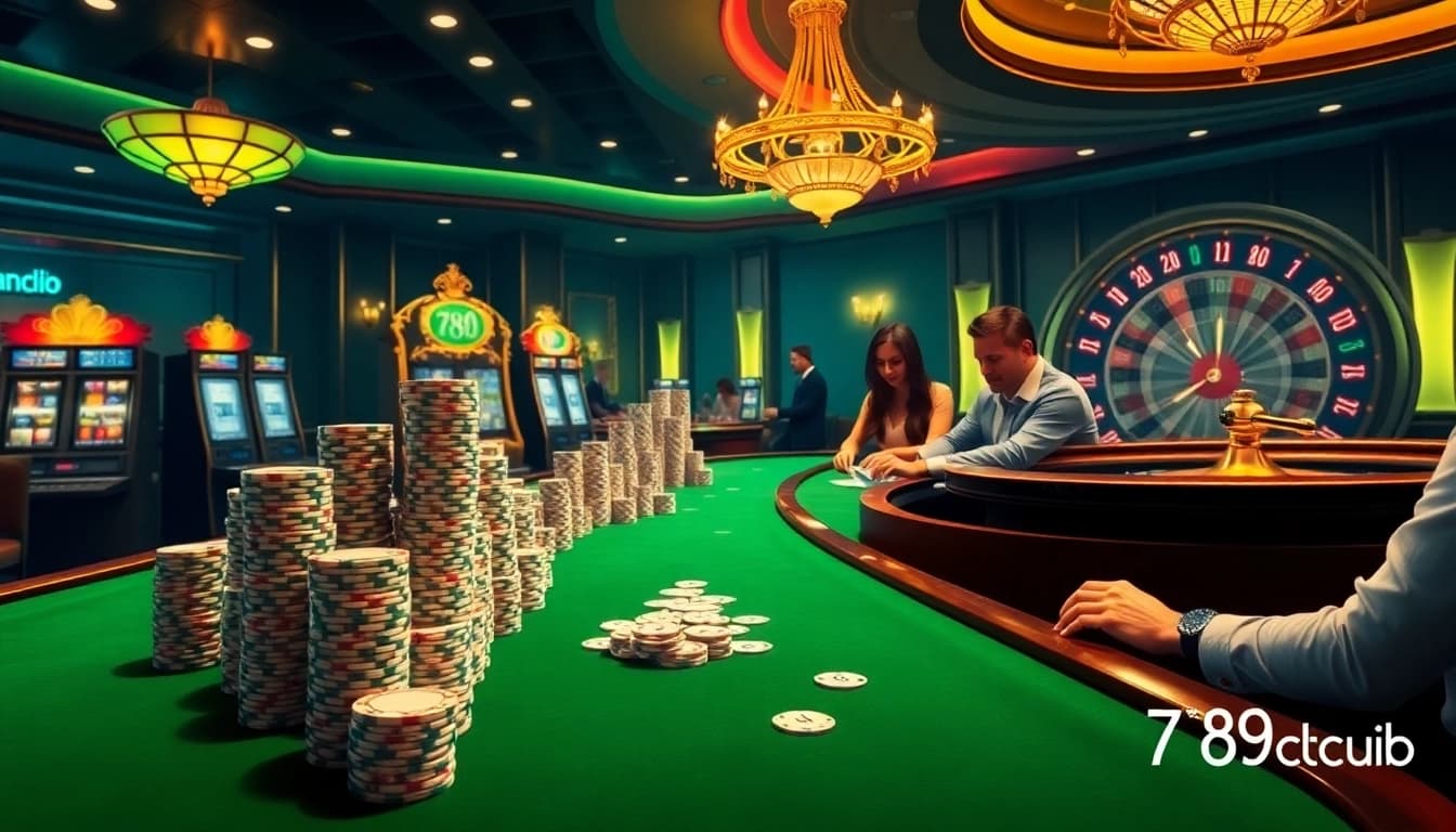 Players engaging in high-stakes games at 789club, surrounded by vibrant casino elements.