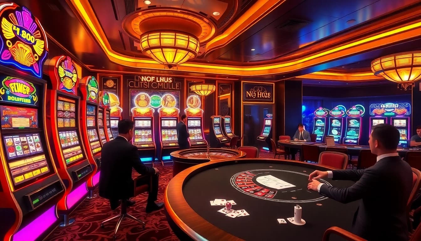 Nổ Hũ 2026 casino scene showcasing vibrant slot machines and exciting gambling actions.