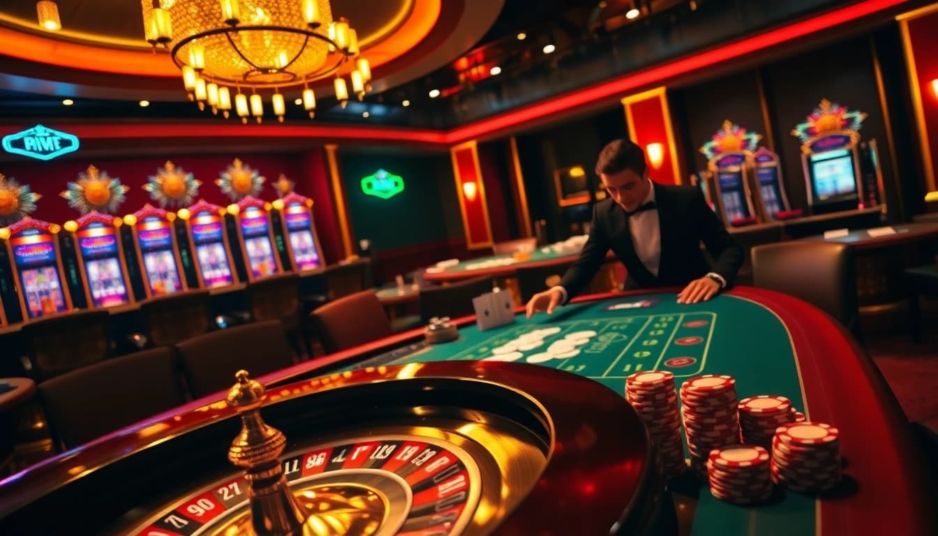 Experience the thrill of casino excitement on https://kuwinzhz.com/ with a vibrant roulette wheel and poker table scene.
