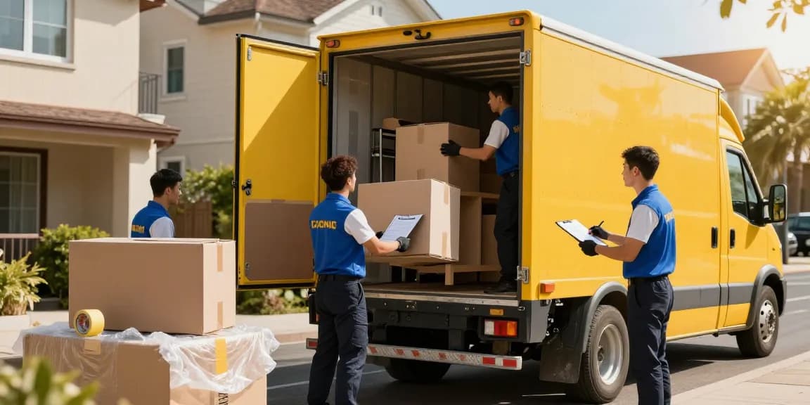 Umzugsunternehmen Ludwigshafen: Professionelle Möbelpacker beladen einen Umzugstruck in einer urbanen Umgebung.
