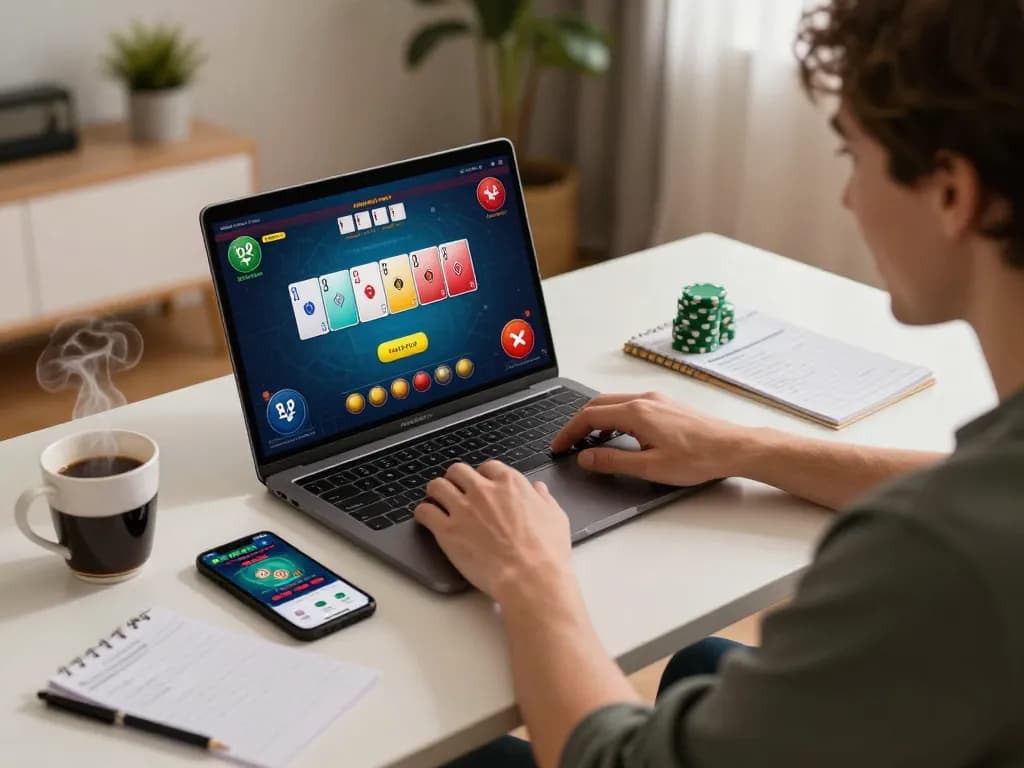 Engaging in online poker gameplay on pfly88 at a cozy home setup.