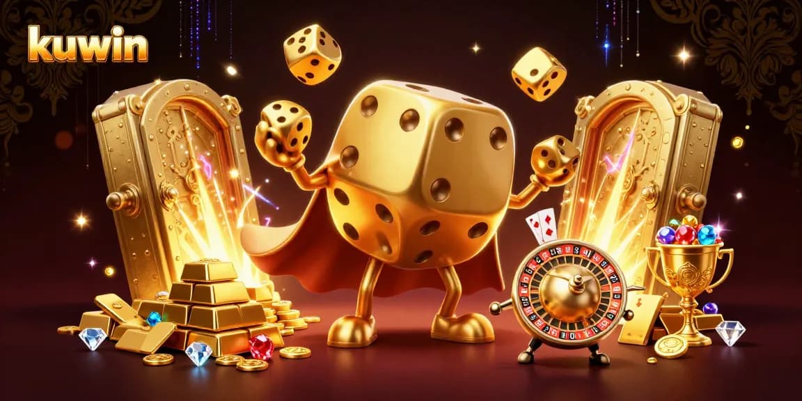 Play exciting casino games with kuwin's vibrant gold dice golem illustration.