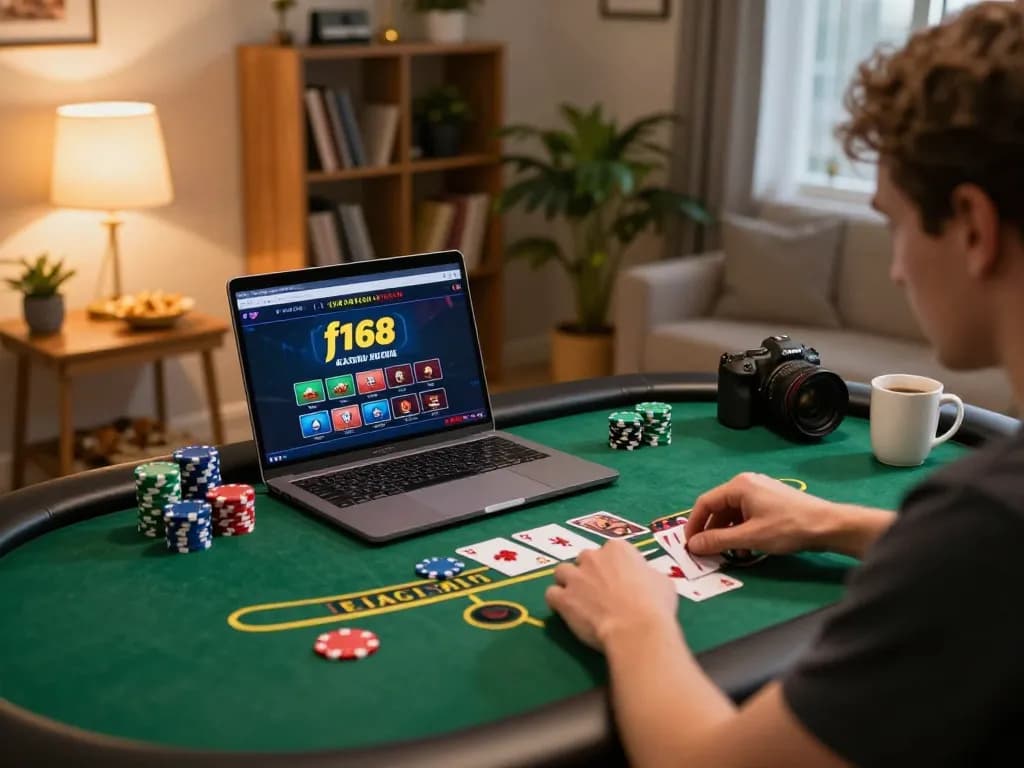 Engage in exciting gameplay at f168 with a cozy online setup for blackjack featuring snacks and warm lighting.