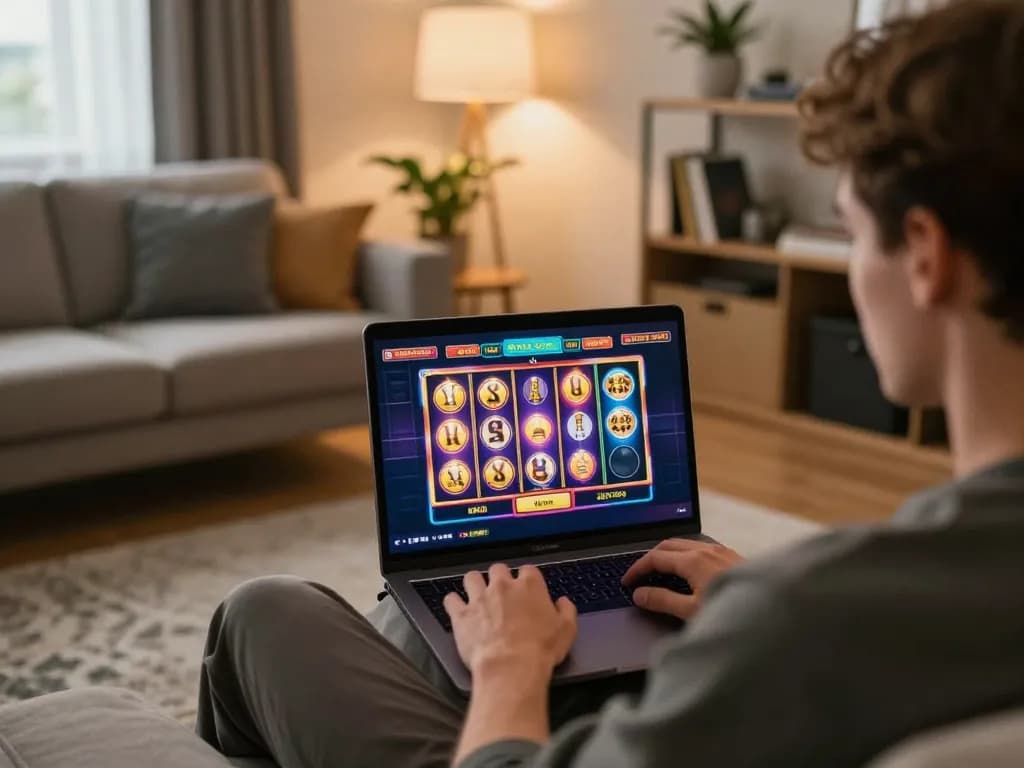 Experience the excitement of online gambling at go8 com with a player enjoying slots from home.