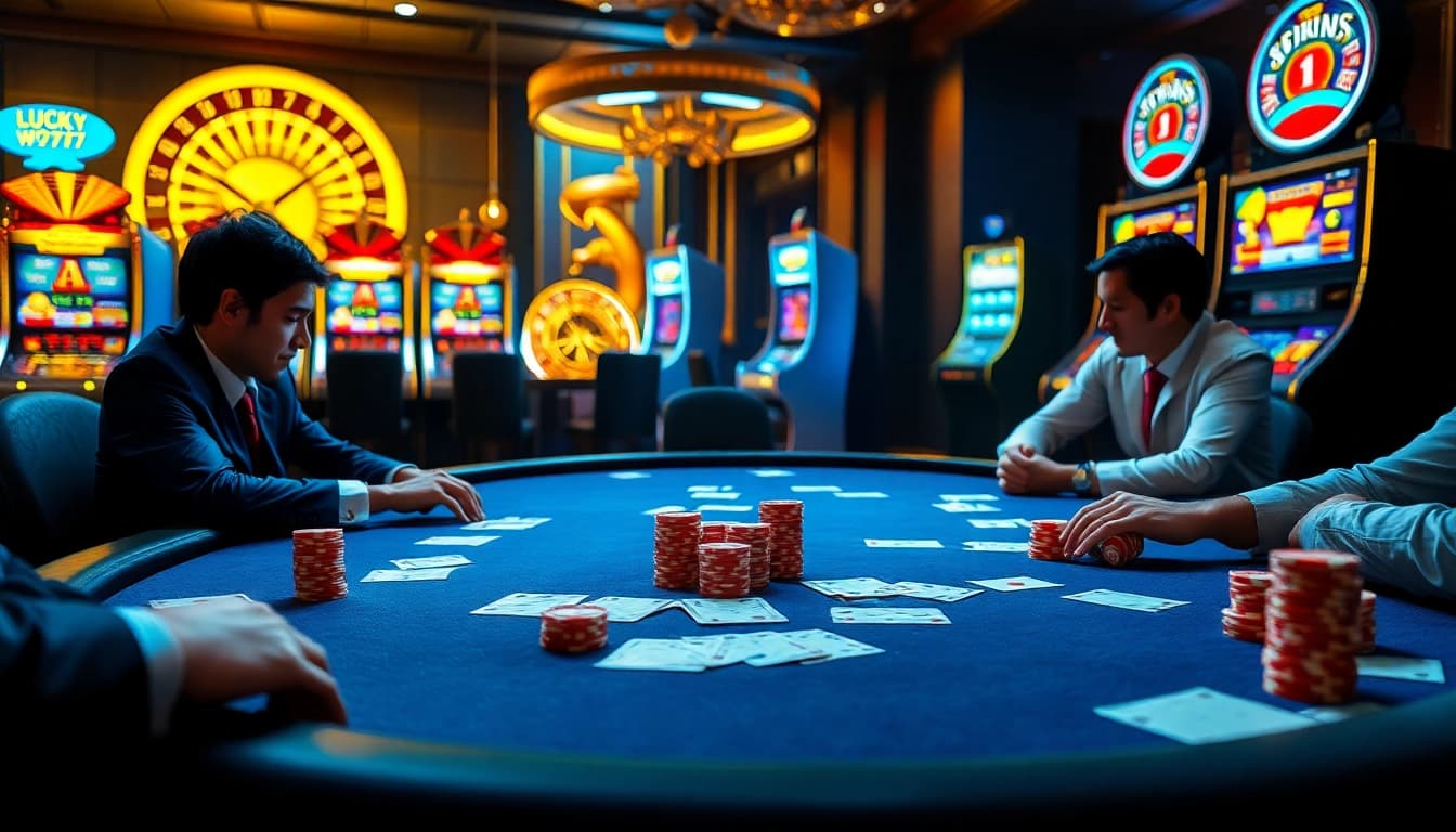 Experience the thrill of gaming with Luckywin777 in this luxurious casino scene.