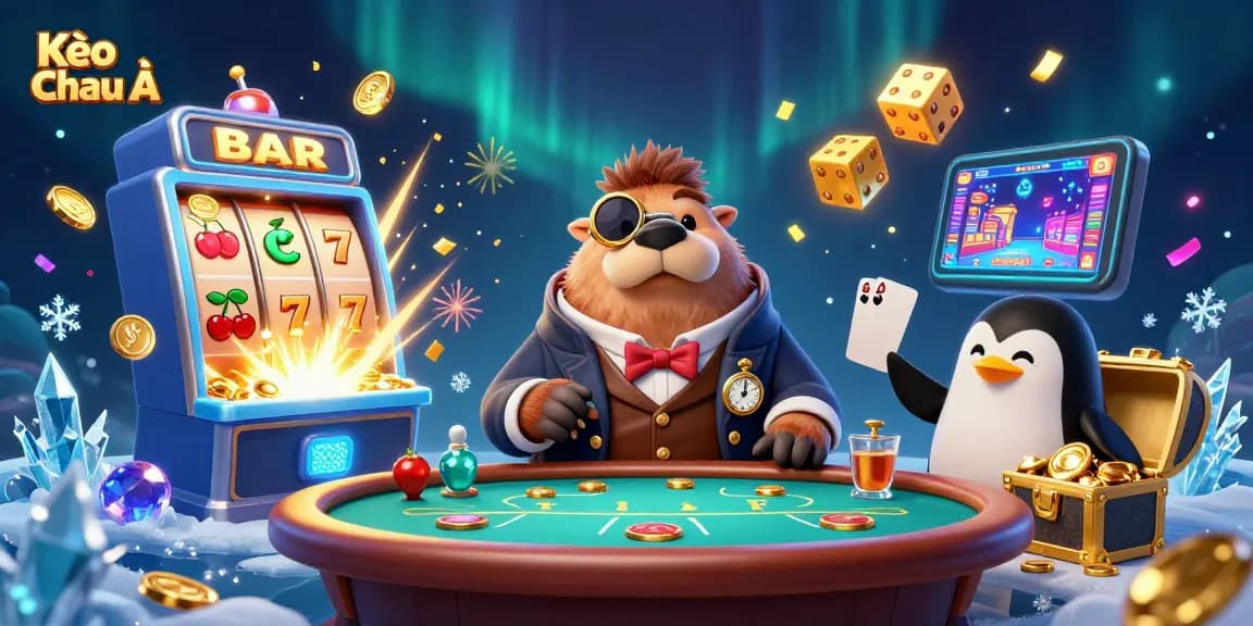 Kèo Châu Á showcases a jolly walrus at a poker table, surrounded by vibrant casino elements like coins and slot symbols.
