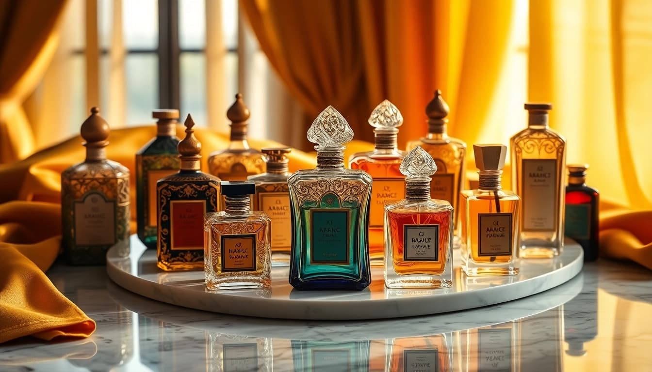 ARABISCHES PARFÜM in elegant bottles displayed on a luxurious marble table.