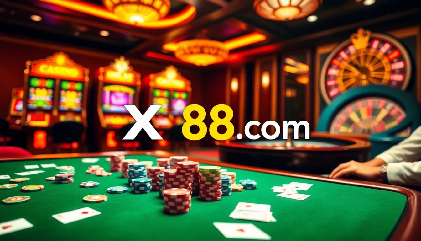 Engaging casino scene featuring XX88 com logo with colorful poker chips and online betting interface.
