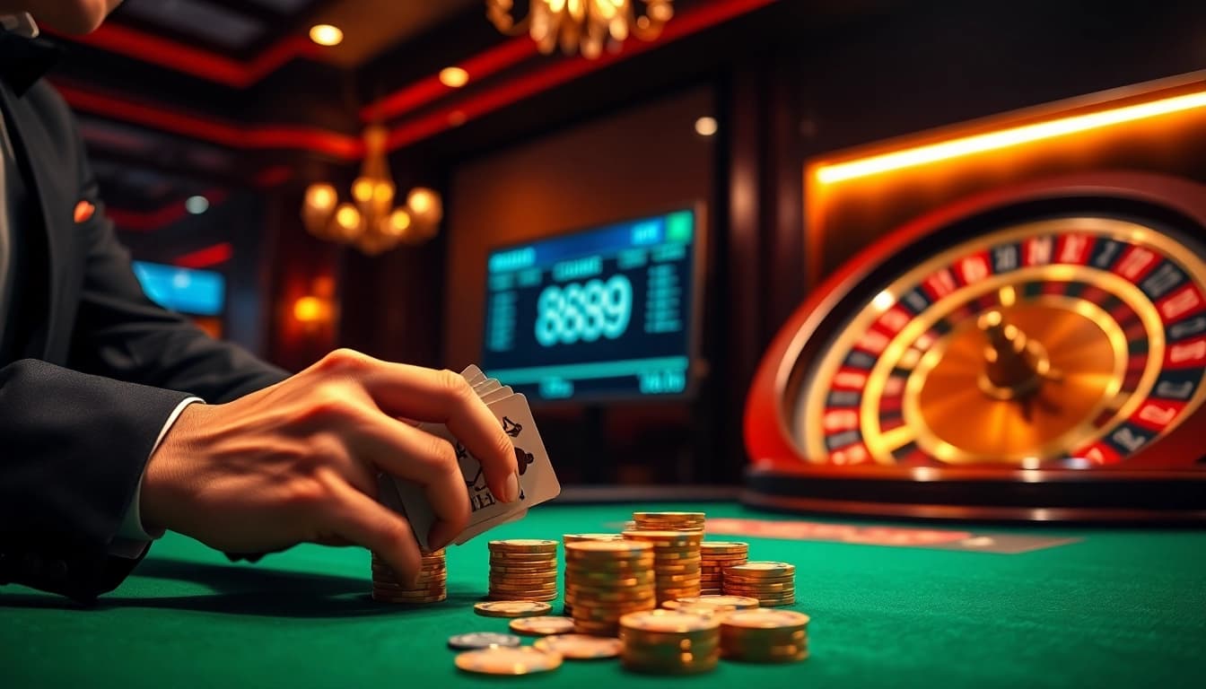 A thrilling gaming moment at nhà cái 888NEW with players enjoying poker and roulette in a luxurious casino atmosphere.