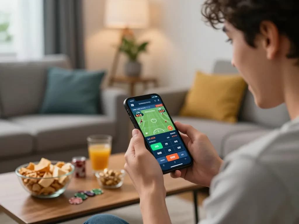 Miso88 sports betting excitement with user engaged on mobile app, showcasing a vibrant home atmosphere.