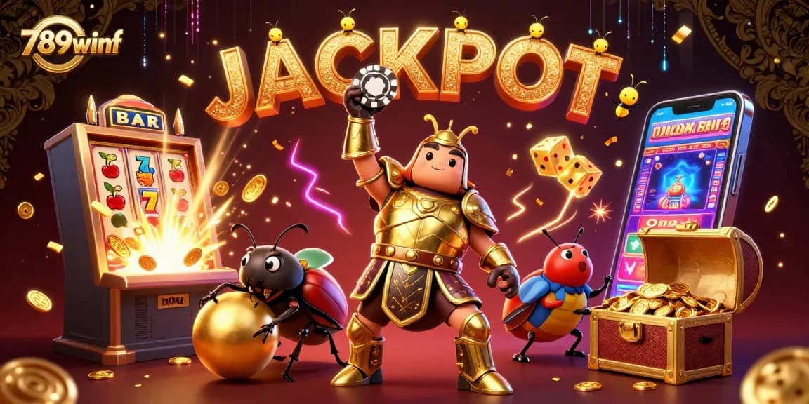 Experience the thrill of 789winf with a victory pose beetle holding a poker chip amidst dynamic casino elements.