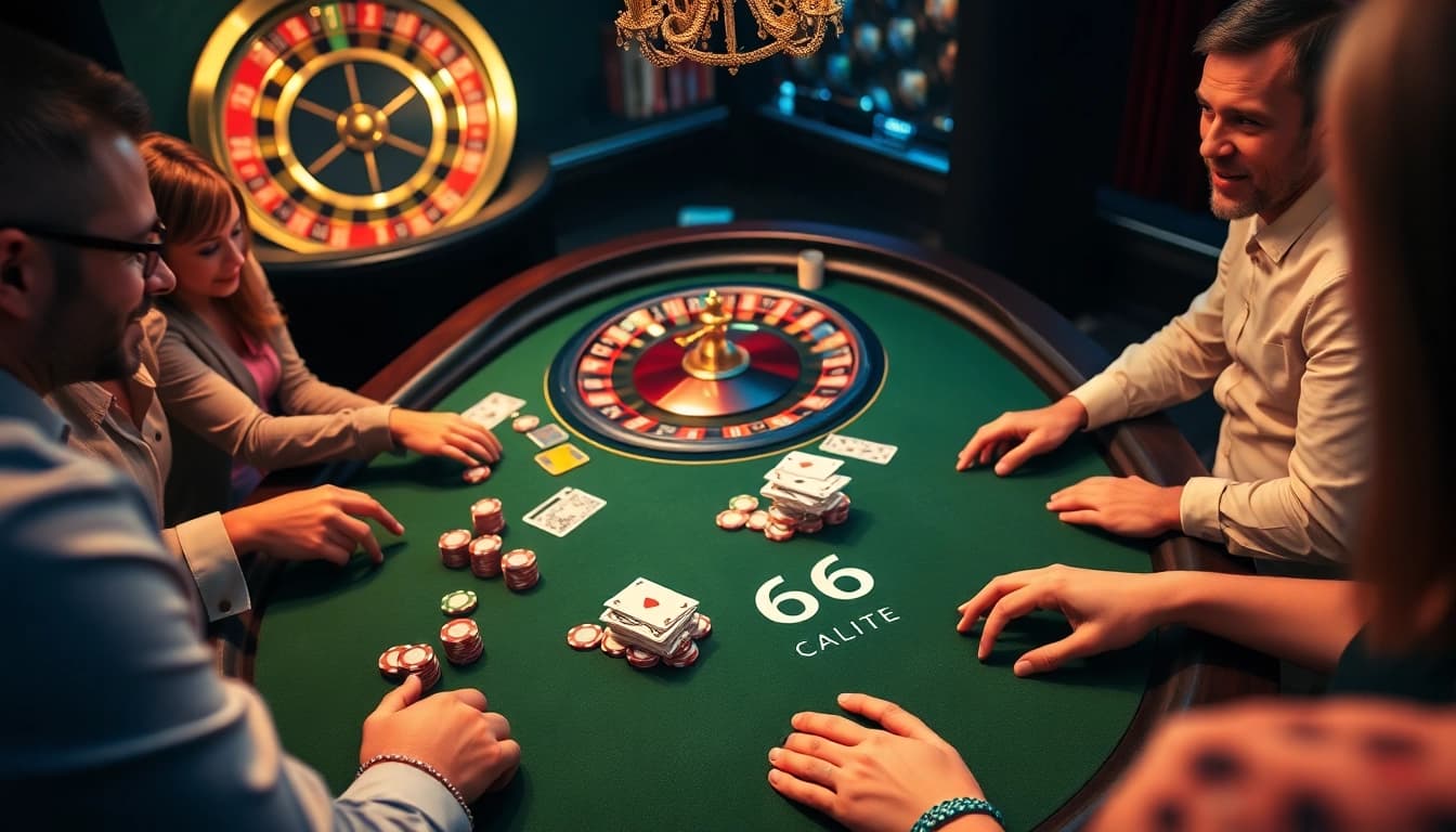 Trải nghiệm cảm giác hồi hộp của KO66 tại một bàn poker sang trọng với người chơi đặt cược và những chíp màu sắc rực rỡ.