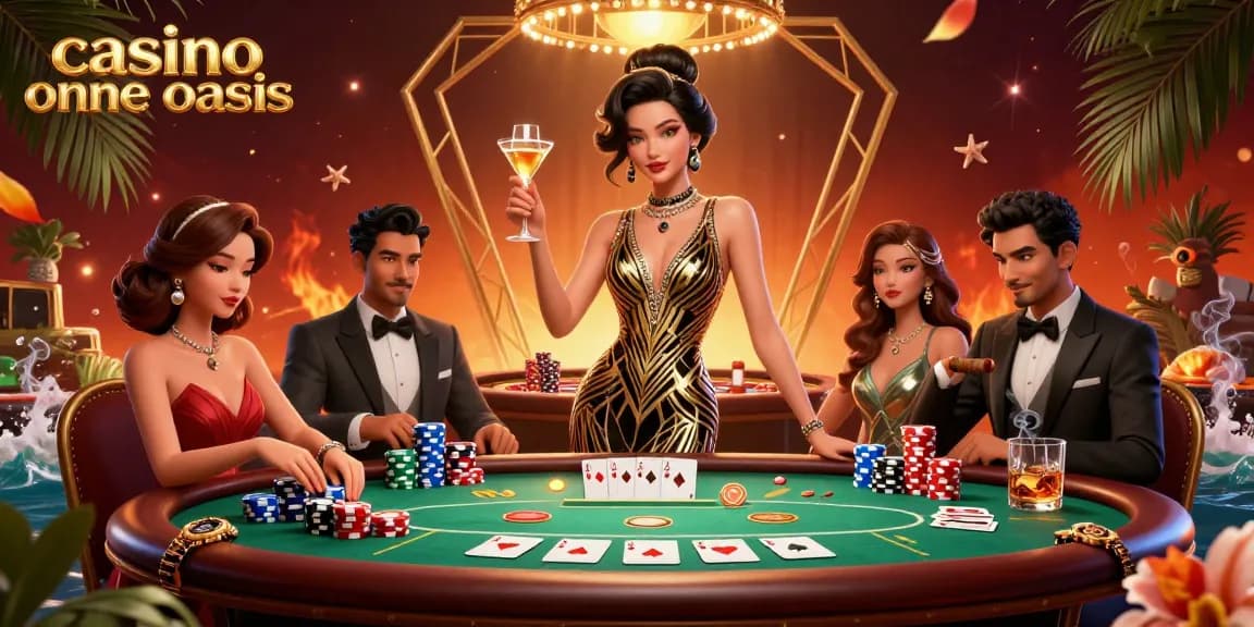 Experience the thrill at a lively casino ohne oasis with Asian woman in glamourous attire, poker chips, and vibrant casino elements.