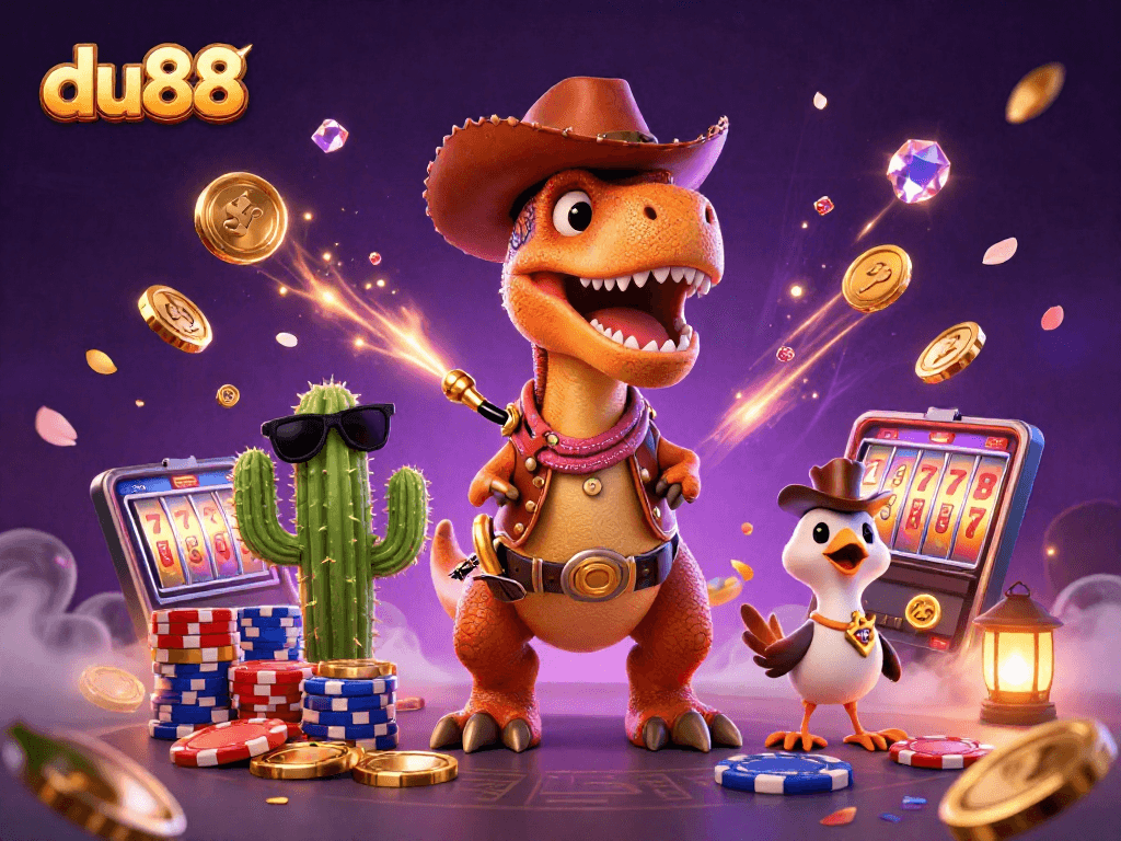 Engage with du88's vibrant casino atmosphere as characters celebrate with sparkling gem stones and golden coins.