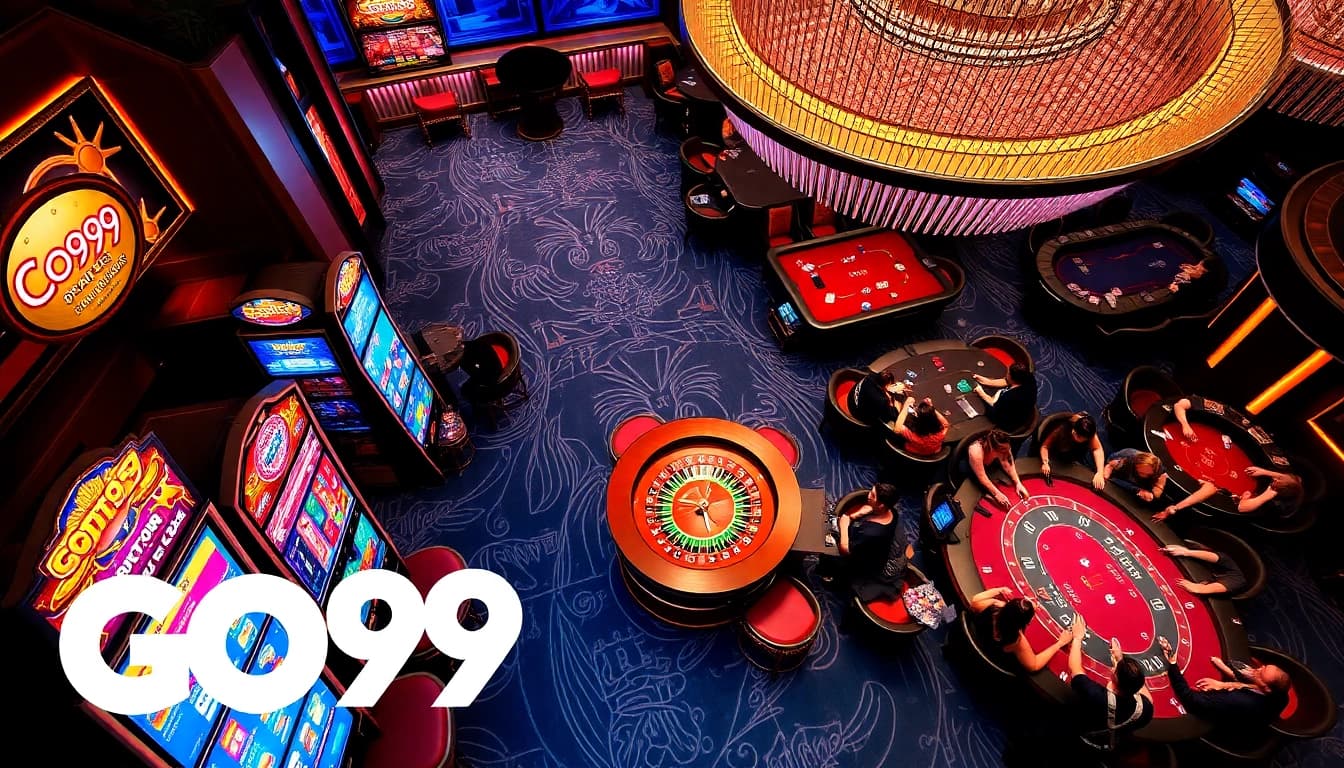 GO99 branding enhances the excitement of a luxurious casino gaming experience featuring poker and slot games.
