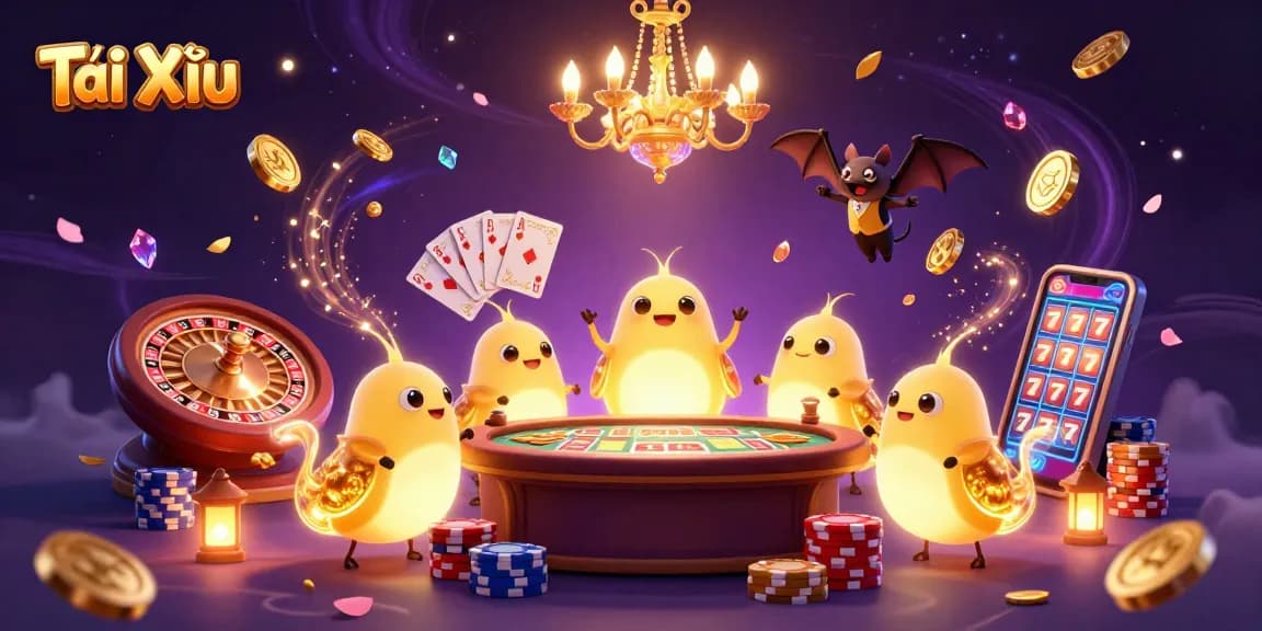 Experience the excitement of Tài Xỉu in this vibrant 3D illustration of a casino scene filled with coins and cards.