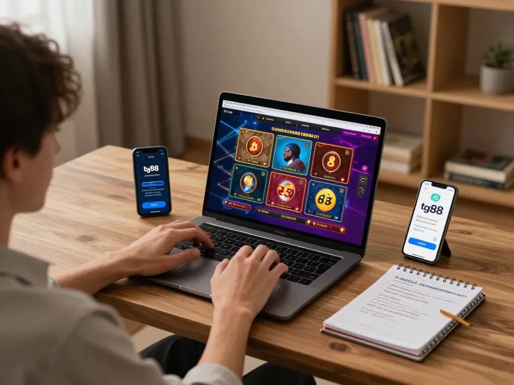 Engaging online gaming session showcasing tg88 link on laptop screen while managing bankroll effectively.