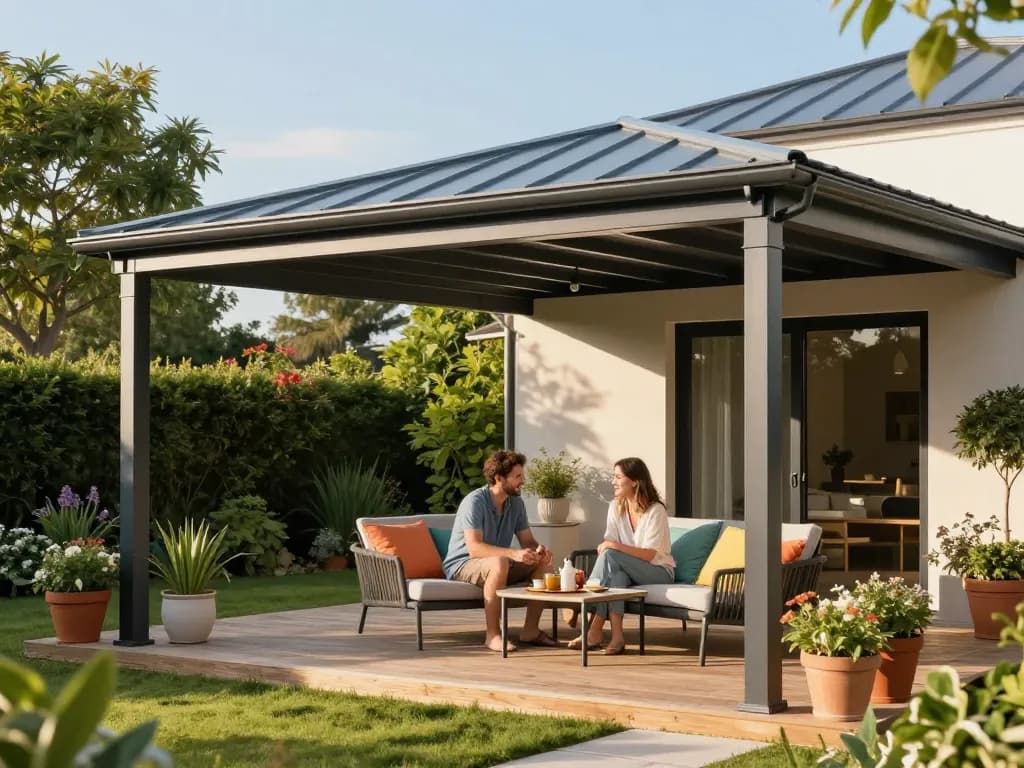 Stilvolle Terrassenüberdachung auf einer sonnigen Terrasse, Paar genießt Erfrischungen.